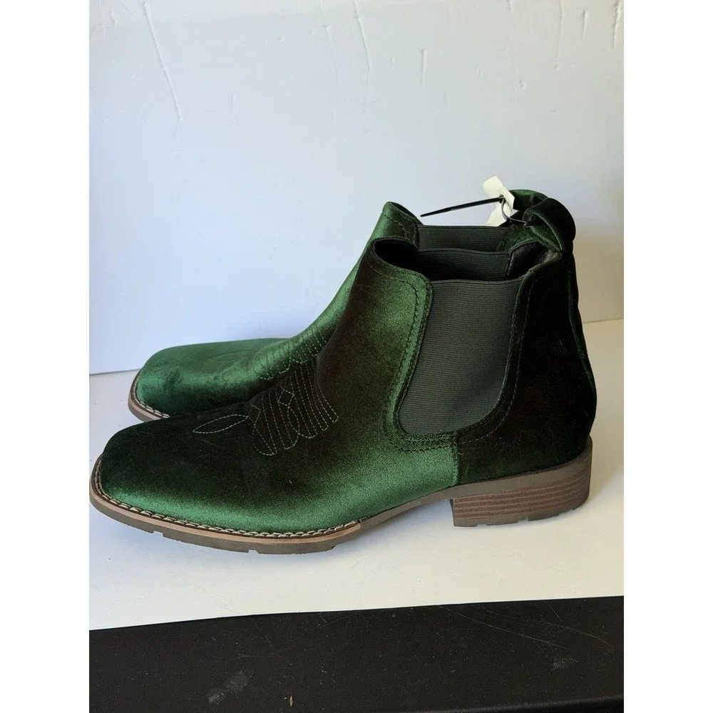 Men's Western Chelsea Boots Green Slip-On Square Toe Cowboy Ankle Shoes C-5